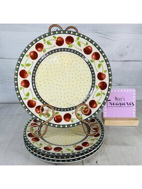 Noble Excellence CHERRIES JUBILEE Red Fruit Green Dots Yellow Dinner Plate Set 4
